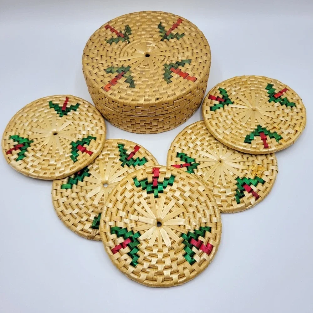 Handwoven Straw Rattan Trivet Set With Storage Basket Natural Multicolor Design